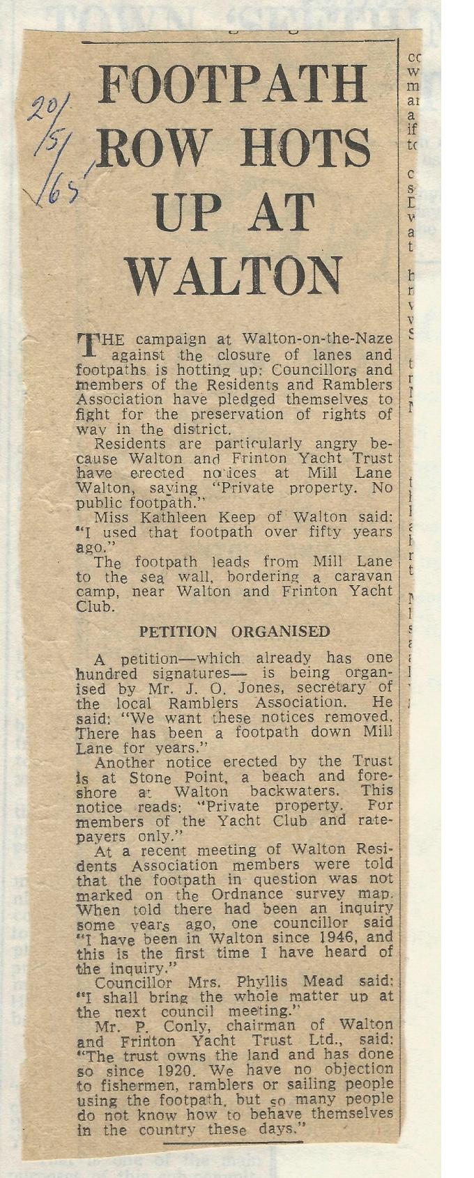Article In Local Paper From May 1965 About Footpath 37 At Walton-on-the-Naze